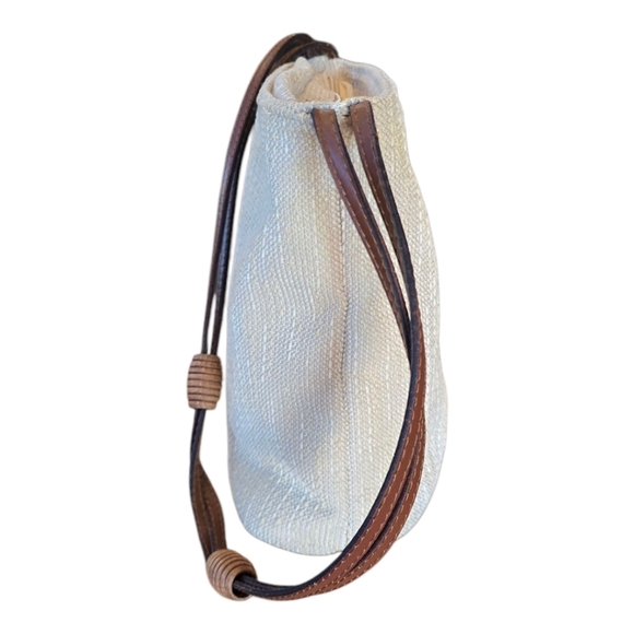 Italian Light Beige Woven Fabric Shoulder Bag With Brown Leather Strap - Picture 3 of 8